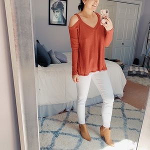Waffle knit off the shoulder long sleeve